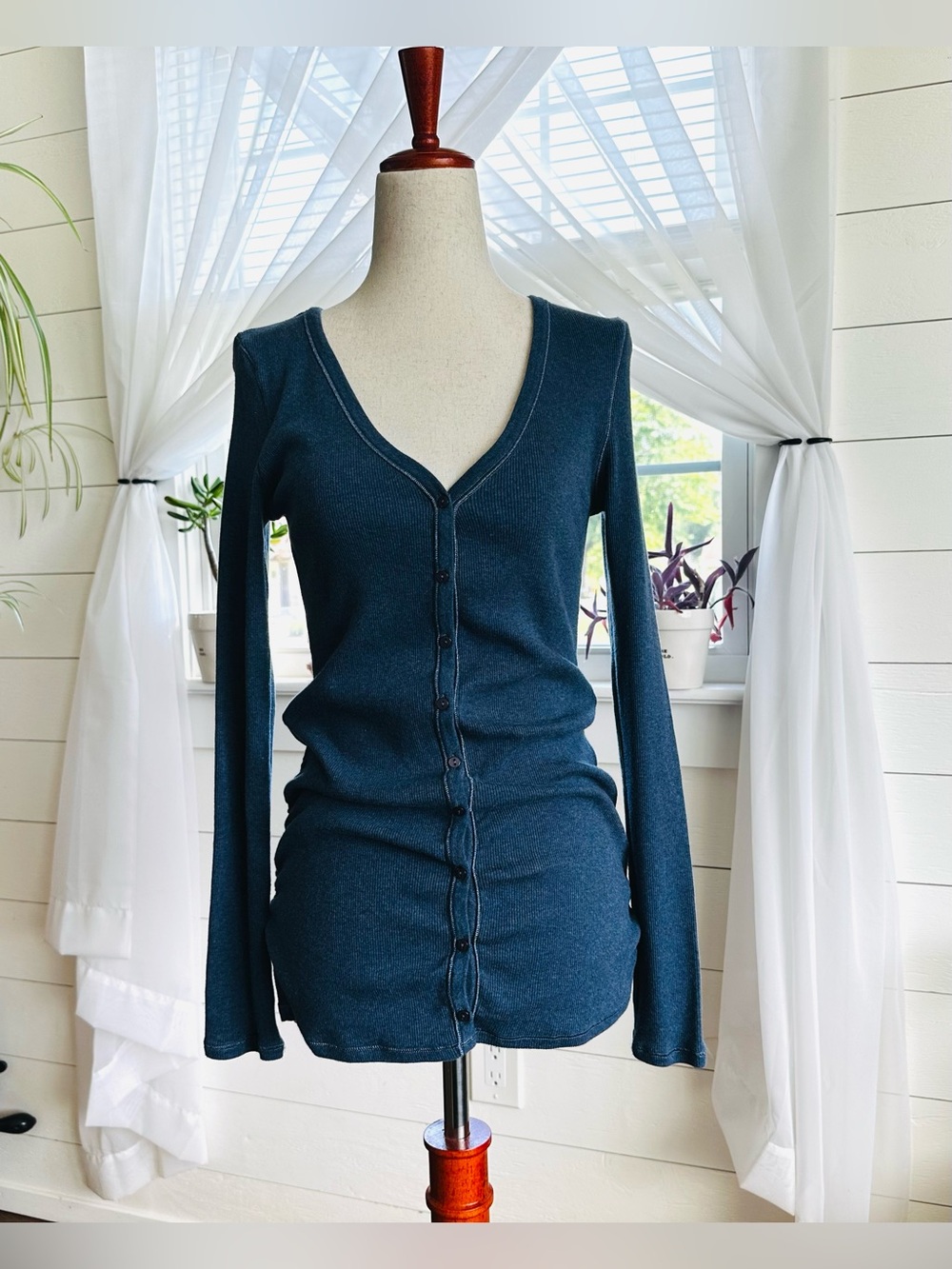Y2K Victoria’s Secret Tee Shop Ribbed Button Front Cardigan Top Denim Blue M